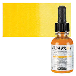 Schmincke Aqua Drop Watercolor - Indian Yellow, 30 ml bottle and swatch