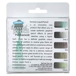 Derivan Permanent Liquid Pencil Tubes Set - Set of 5, 12 ml, back of packaging