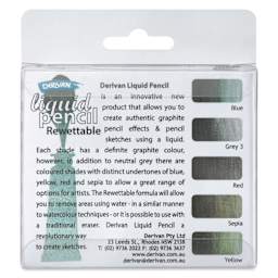 Derivan Rewettable Liquid Pencil Tubes Set - Set of 5, 12 ml Tubes, back of packaging