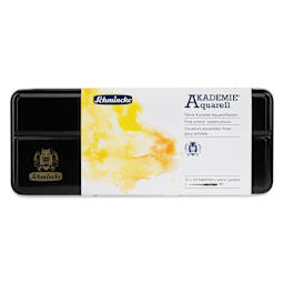 Schmincke Akademie Aquarell Watercolor Pans - Set of 12 with Brush, Metal Case, Assorted Colors, Half Pans front of package