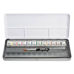 Schmincke Akademie Aquarell Watercolor Pans - Set of 12 with Brush, Metal Case, Assorted Colors, Half Pans