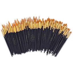 Royal & Langnickel Golden Taklon Wooden Handle Classroom Brush Assortment - Set of 144, brushes laid out