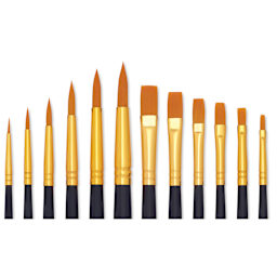 Royal & Langnickel Golden Taklon Wooden Handle Classroom Brush Assortment, close-up of the brushes