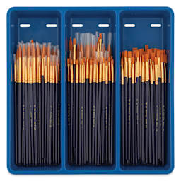 Royal & Langnickel Golden Taklon Wooden Handle Classroom Brush Assortment - Set of 144, inside tray