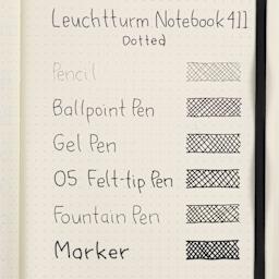 Leuchtturm1917 411 Notebooks, swatch of pen marks on dotted paper