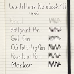 Leuchtturm1917 411 Notebooks, swatch of pen marks on lined paper