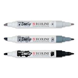 Royal Talens Ecoline DuoTip Markers - Black and Grey, Set of 3 with caps off