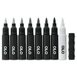 Olo Brush Dual-Tip Markers - Set of 8, Neutral Gray, caps off