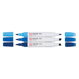 Pantone Dual Tip Markers - Blue, Set of 3, markers laid out with caps off