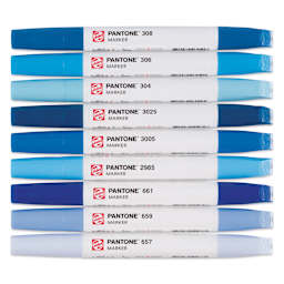Pantone Dual Tip Markers - Blue, Set of 9, markers laid out with caps on