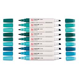 Pantone Dual Tip Markers - Blue Green, Set of 9, markers laid out with caps off