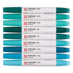 Pantone Dual Tip Markers - Blue Green, Set of 9, markers laid out with caps on