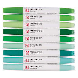 Pantone Dual Tip Markers - Green, Set of 9, markers laid out with caps on