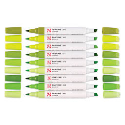 Pantone Dual Tip Markers - Green Yellow, Set of 9, markers laid out with caps off