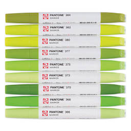 Pantone Dual Tip Markers - Green Yellow, Set of 9, markers laid out with caps on