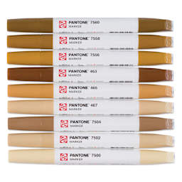 Pantone Dual Tip Markers - Brown, Set of 9, markers laid out with caps on