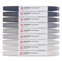 Pantone Dual Tip Markers - Cool Gray, Set of 9, markers laid out with caps on