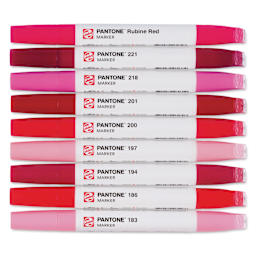 Pantone Dual Tip Markers - Cool Red, Set of 9, markers laid out with caps on