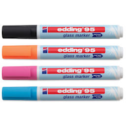 Edding 95 Glass Markers - Assorted Colors, Set of 4, markers laid out with caps on