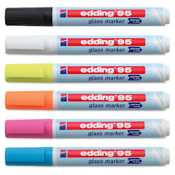 Edding 95 Glass Markers - Assorted Colors, Set of 6, markers laid out with caps on