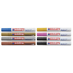 Edding Gloss Paint Markers - Assorted Colors, Set of 8, Round Nib, 2-4 mm, laid out with caps on