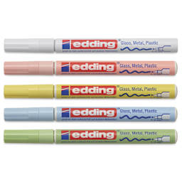 Edding Gloss Paint Markers - Pastel Colors, Set of 5, Round Nib, 1-2 mm, laid out with caps on