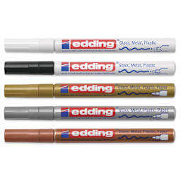 Edding Gloss Paint Markers - Metallic Colors, Set of 5, Round Nib, 1-2 mm, laid out with caps on