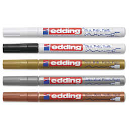 Edding Gloss Paint Markers - Metallic Colors, Set of 5, Round Nib, 0.8 mm, laid out with caps on