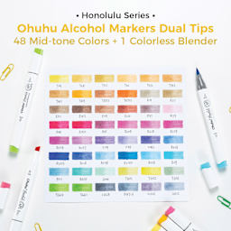 Honolulu Series. Ohuhu Alcohol Markers Dual Tips, 48 Mid-tone Colors, plus one Colorless Blender.