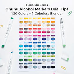 Honolulu Series. Ohuhu Alcohol Markers Dual Tips, 120 Colors, plus one Colorless Blender.
