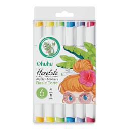 Ohuhu Honolulu Dual Tip Marker Set - Set of 6, Basic Colors, front of packaging