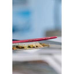 Da Vinci Pretty Pink Casaneo Synthetic Quill Brush - Size 2, close up of handle resting on palette.