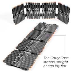 The carry case stands upright or can lay flat.