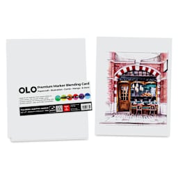 Olo Premium Marker Blending Card Paper - Pkg of 25, 8-1/2" x 11", with artwork of a cafe storefront on a single sheet.