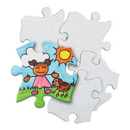 Roylco Blank Puzzle Pieces - 4" x 4", Pkg of 32 close-up of finished piece example and unfinished pieces