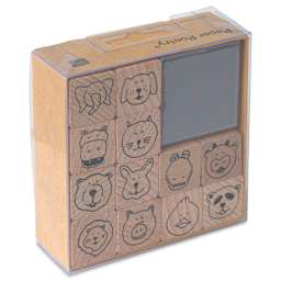 Rico Design Paper Poetry Stamp Set - Set of 13, Animal Faces front of packaging, angled view
