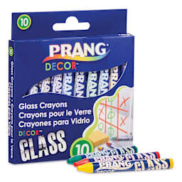 Prang Glass Decor Crayons - Set of 10, three single crayons laid out in front of the packaging