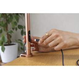 Daylight Slimline 4 LED Table Lamp - Rose Gold - plugging device charging cable into lamp