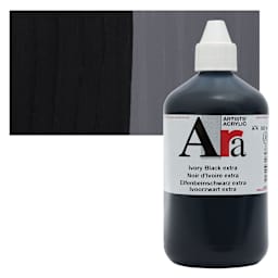 Ara Artists’ Acrylic Paint - Ivory Black Extra, 500 ml bottle and swatch