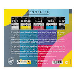 Sennelier Extra Fine Gouache and Sets - Set of 5, Primary Colors, 21 ml Tubes, back of packaging