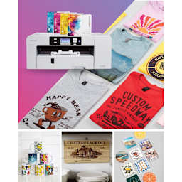 Sawgrass VersiFlex Hybrid Printing System with examples of printed t-shirts, mugs, and other home decor