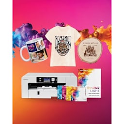 Sawgrass VersiFlex Hybrid Printing System with finished t-shirt, mug, and wooden slice examples