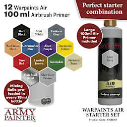 Perfect starter combination. 12 warpaints air, 100 ml airbrush primer. Large 100 ml air primer included. Mixing balls pre-loaded in every 18 ml bottle. Included colors listed. Product Code AW8001