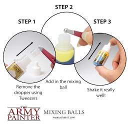 Step 1. Remove the dropper using tweezers. Step 2. Add in the mixing ball. Step 3. Shake it really well.