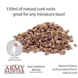 150 ml of natural cork rocks - great for any miniature base. Natural looking rocks produced from natural cork. Battlefield Rocks BF 4117