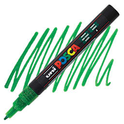 Posca Paint Marker - Glitter Green, Fine, Bullet Tip, 0.9 mm - 1.3 mm - marker and swatch
