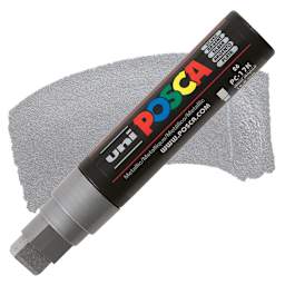 Uni Posca Paint Marker - Silver, Extra Broad Tip, 15 mm marker and swatch