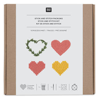 Rico Design Stick and Stitch Embroidery Kit - Pkg of 14, Pixel Art Hearts