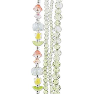 John Bead Crystal Lane DIY Glass Garden Bead Quadruple Strand - Tulips, Flowers, and Faceted Rondelles, Pale Green Mix