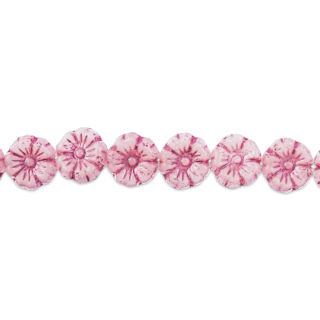 John Bead Czech Pressed Glass Flower Bead Strand - Pink on White, 9 mm